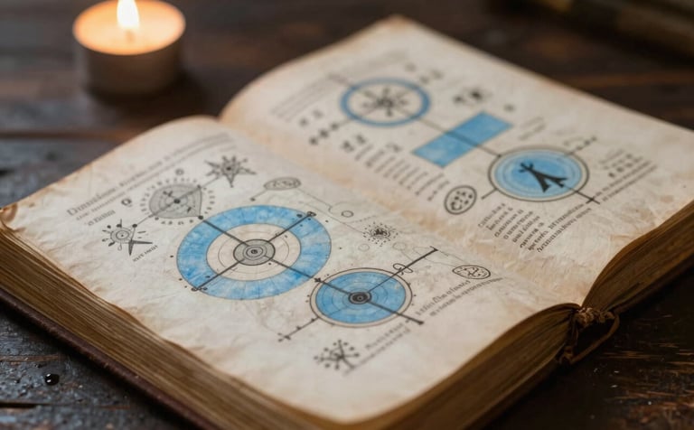 A detailed close-up of an ancient, open manuscript showing symbolic diagrams on aged paper, placed on a dark wood surface, lit by a soft, warm candle-like glow, incorporating tones of dark slate and pale sky blue.