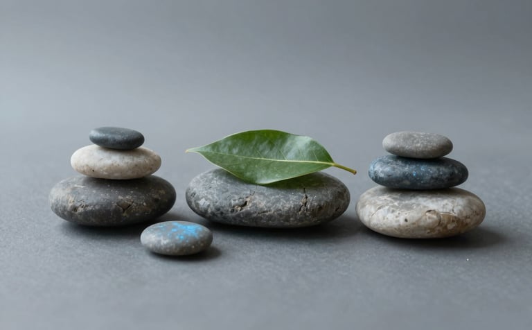 A minimalist composition of smooth river stones and a green leaf on a surface of soft mist grey, with subtle accents of muted steel blue, suggesting balance, healing, and Taoist principles.