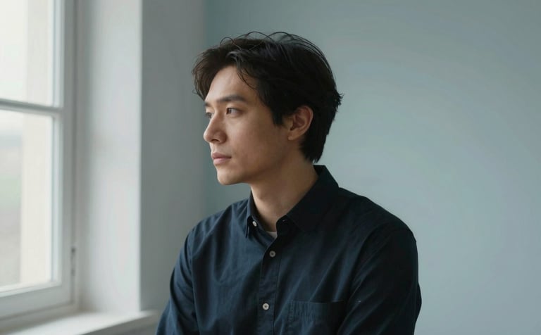 A serene, professional portrait of a person in a reflective pose, soft morning light filtering through a window, in a minimalist room with walls colored in soft mist and pale sky blue. The mood is calm and insightful.