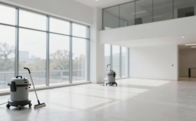 A high-angle shot of a pristine, modern interior post-construction. The space is bright and airy with floor-to-ceiling windows. Professional cleaning equipment is visible but neatly placed. The color palette includes #1D2B36 for structural accents and #F0F4F7 for the clean surfaces. Lighting is sharp and professional, reflecting a meticulous finish.