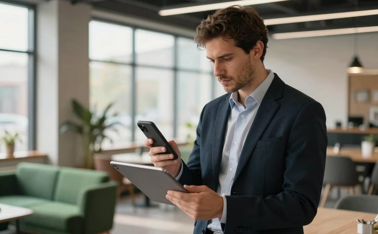 A professional in a modern North American / US coworking space holding a smartphone and a tablet, reviewing marketing analytics. Natural light streams through large windows. The environment features furniture in Forest Green and Dark Navy.