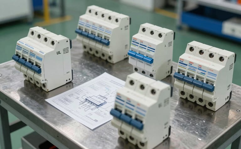 A clean, high-angle technical photograph of professional electrical safety drawings and UL-listed circuit breakers laid out on a steel workbench in a modern North American / International industrial facility, with soft off-white and steel blue accents in the background.