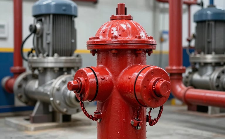 Close-up industrial photography of a fire hydrant EDJ pump system, showing the red pipes and steel components in a professional North American / International mechanical room, clean composition and sharp lighting.