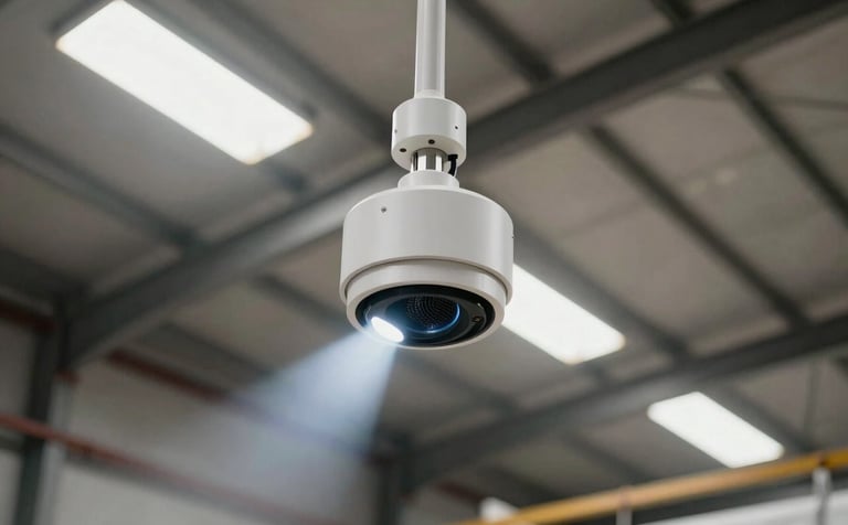 A low-angle shot of advanced fire beam detectors and smoke sensors installed on a high ceiling of a large textile warehouse in a North American / International setting, using sharp focus and natural lighting to emphasize the tech gear.