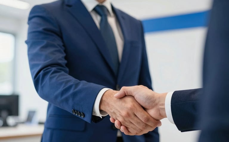A close-up shot of a handshake between a professional sales agent and a client in a bright, minimalist Southern European / Spanish dealership with white and vibrant royal blue accents.