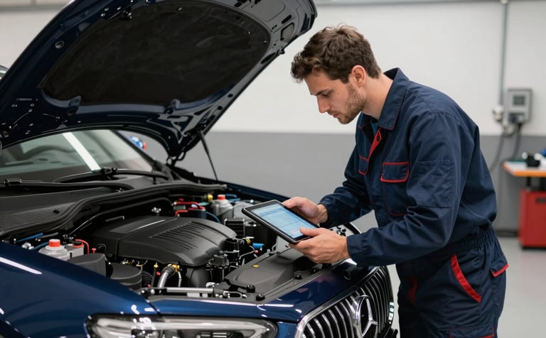 A professional automotive technician in a clean, modern Southern European / Spanish garage using a digital tablet to inspect the engine of a dark navy blue luxury car.