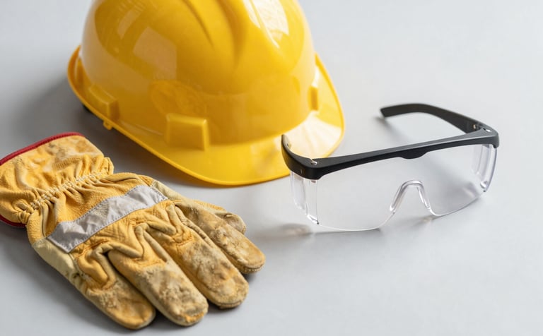 Organized layout of safety gear including a yellow hard hat, heavy-duty leather gloves, and protective eyewear. The background is a clean, neutral surface, emphasizing a reliable and professional brand image. Color palette matches #1A202C and #F8F9FA.