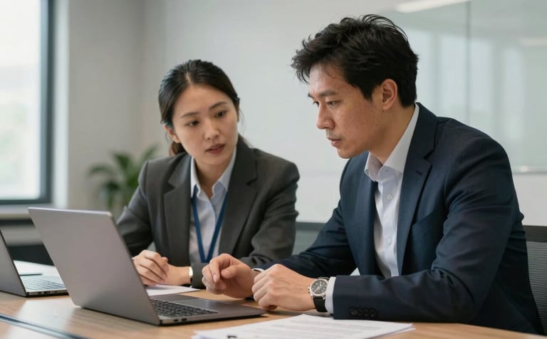 Two professionals collaborating in a high-tech Global / International conference room, discussing outsourcing strategies. Lighting is soft and natural, emphasizing a professional atmosphere.