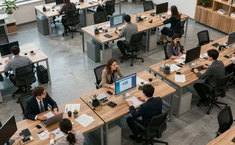 An aerial view of a clean, organized Global / International workspace where modern HR solutions are implemented to foster efficiency and trust among employees.