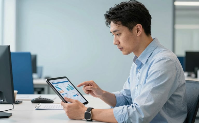 A professional in a modern Global / International office reviewing data-driven HR trend reports on a tablet. The setting is bright and clean with mist blue walls and steel blue furniture accents.