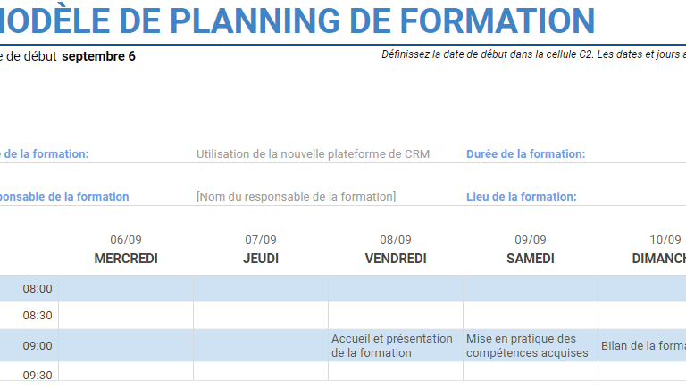 planning de formation exemple excel