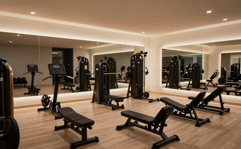 A wide shot of a luxurious, exclusive private training studio. Modern equipment is finished in dark black and polished gold. The atmosphere is sophisticated and quiet, lit by soft creamy off-white lamps.