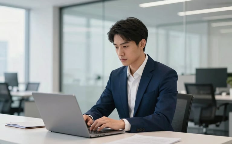A focused young professional in a sharp navy suit working on a high-end laptop in a bright, modern London-style office. Minimalist desk setup with glass partitions and soft focus on architectural lines. Incorporates brand palette #F6F7F9 and #0C1E2B.