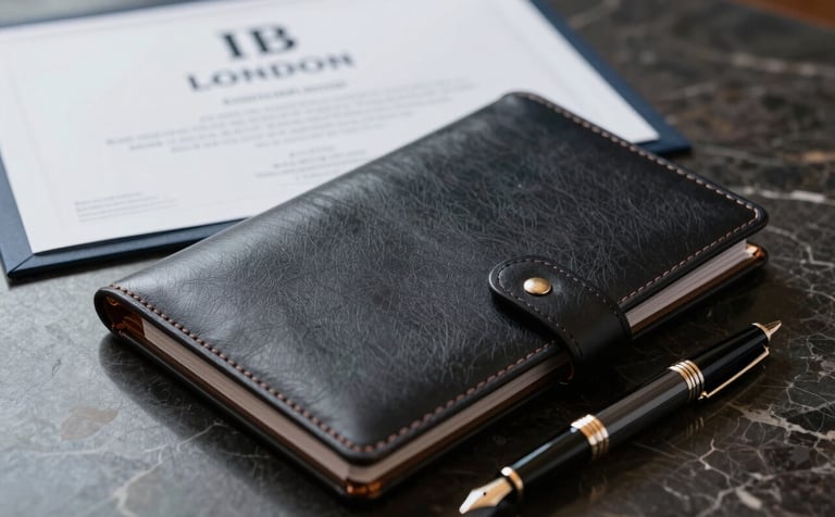 A close-up of a premium, leather-bound portfolio and a high-end fountain pen on a dark marble desk. A professional London IIB certificate visible in the background. Soft, prestigious lighting in #0C1E2B tones.