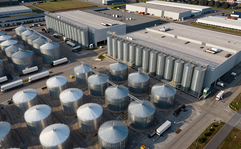 An aerial drone view of a massive, modern agricultural distribution hub with organized rows of storage silos and logistics trucks, reflecting a clean and professional supply chain. Global / International setting.