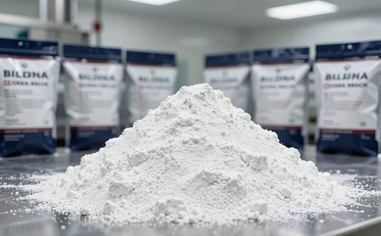 A clean, industrial photography shot of high-quality white sodium sulfate powder being handled in a professional manufacturing facility in a Middle Eastern / Egyptian with Global Reach setting. The lighting is bright and clear, reflecting a sterile B2B environment with subtle dark navy accents on the packaging.