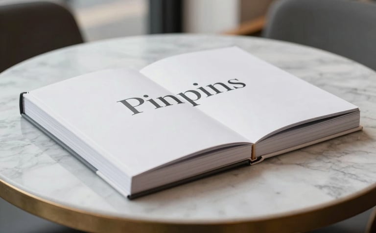 A close-up photograph of a premium, matte-finish editorial book resting on a marble table in a bright Global / International café. The lighting is soft and diffuse, highlighting the elegant Poppins typography. Colors are dominated by shades of ghost white and slate grey.