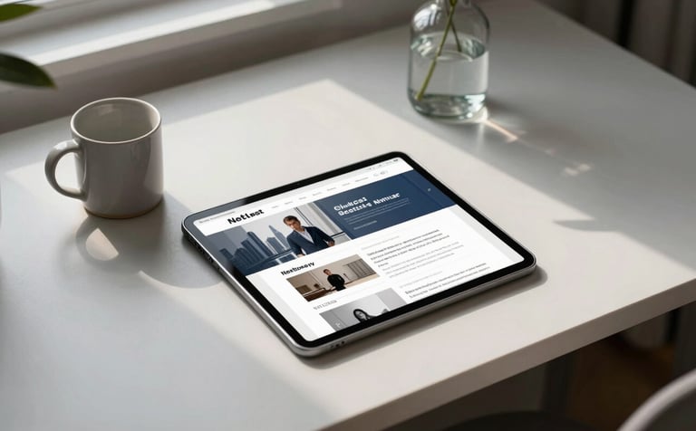A high-angle, premium lifestyle photograph of a minimalist home office in a Global / International city. A tablet on a sleek desk displays a clean newsletter layout. The scene includes a ceramic mug and a single green leaf in a glass vase. Color palette features soft ash and midnight blue tones with soft, natural morning light.