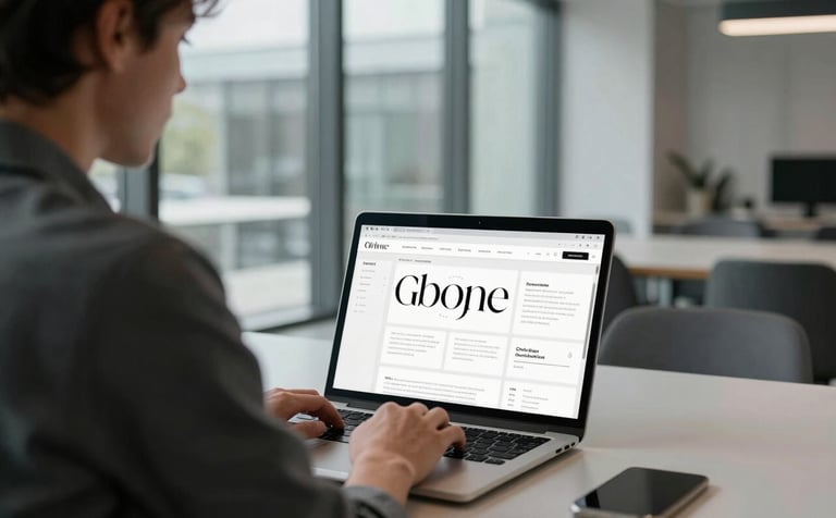 A professional in a Global / International co-working space, viewed from behind, looking at a laptop screen filled with elegant typography and card-based web layouts. The environment is modern with slate grey and pale mist accents, featuring floor-to-ceiling windows and blurred architectural details.