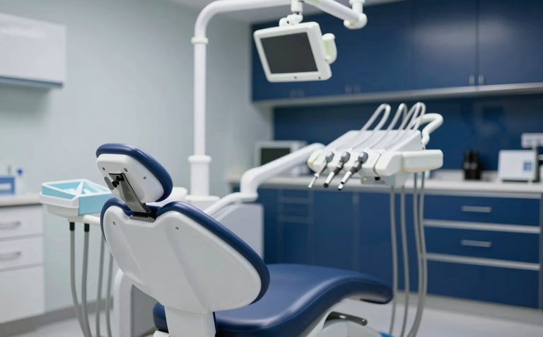 A high-end, modern dental examination room with a state-of-the-art dental chair. The lighting is bright and clean, emphasizing hygiene and professionalism. The color palette includes sophisticated navy blues (#2C3E50) and soft whites, reflecting a trustworthy clinical environment.