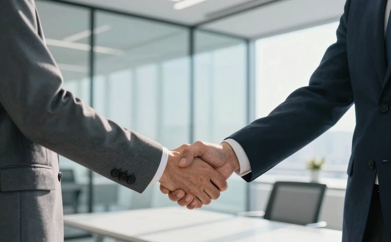 A professional handshake between two individuals in a bright, modern North American / US corporate office. The scene features clean glass walls and Mist White surfaces. The attire is sophisticated business professional, with soft morning light illuminating the handshake to convey trust and partnership, accented with Soft Sky Blue tones.