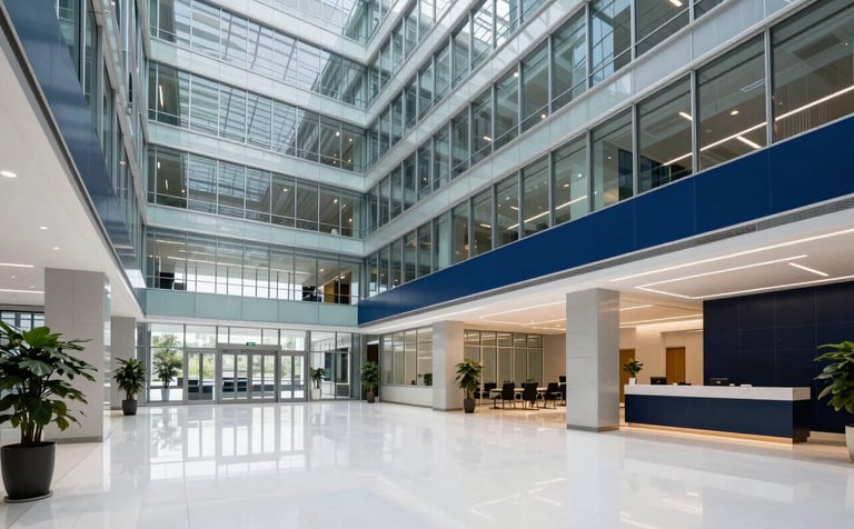 A wide shot of a sophisticated, high-tech North American / US corporate headquarters lobby. The architecture features clean lines, glass, and polished Mist White floors. The atmosphere is professional and modern, with Deep Sea Blue and Dark Navy branding elements visible in the background.