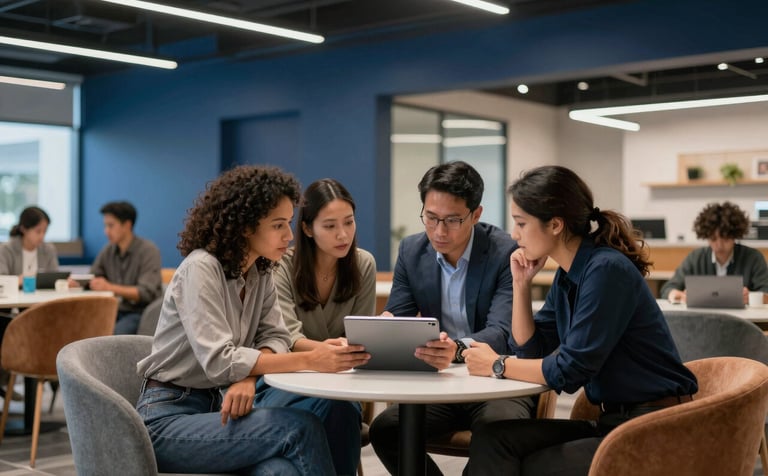 A focused group of professionals collaborating in a sleek North American / US co-working space. They are looking at a tablet screen together. The environment is modern and efficient, with Deep Sea Blue architectural accents and comfortable, sophisticated furniture.
