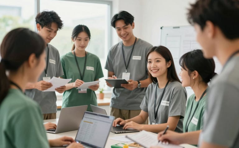 A group of diverse volunteers in a professional setting, collaborating on a community rescue event. They look engaged and hopeful. The scene incorporates #2E473C and #A4BBAA colors in their clothing and surroundings. Bright, clean, and dignified atmosphere.