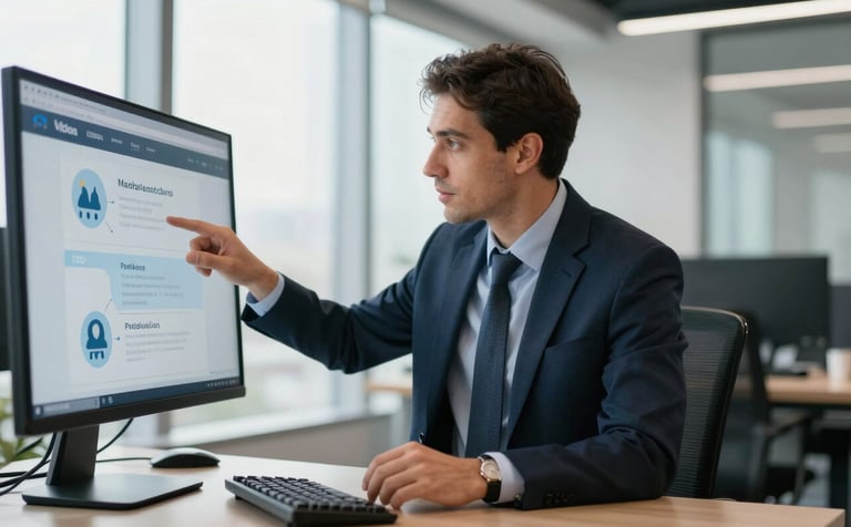 A professional business consultant in a modern North American / Global Turkish office environment, reviewing digital marketplace protection strategies on a screen, soft morning light, professional attire, incorporating charcoal navy and soft ice blue tones.