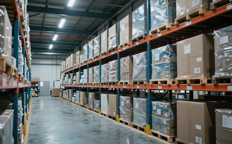 A spacious and high-tech logistics warehouse interior in a North American / Global Turkish industrial park, showing organized shelving and shipping parcels, lighting in deep slate teal and soft ice blue, professional atmosphere.