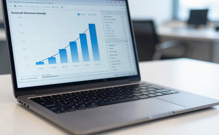 Close-up of a laptop screen showing successful growth charts and analytics, on a clean desk in a North American / Global Turkish corporate setting, dusty blue and charcoal navy accents, bright lighting.