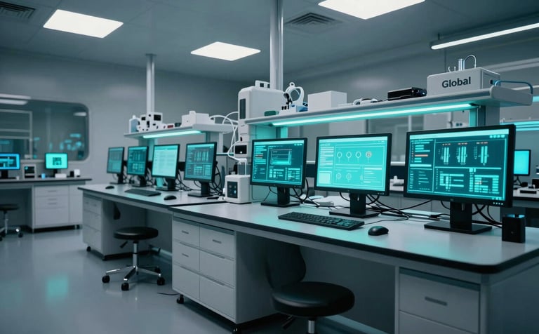 A futuristic laboratory featuring sleek furniture and glowing light teal digital displays, reflecting a high-tech learning environment, professional lighting, Global / Modern.