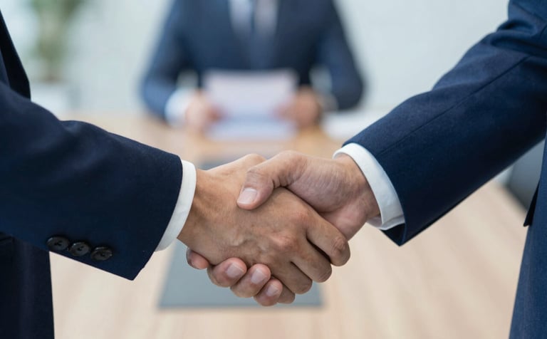 Close-up of a professional handshake between two people in business attire. The background is a blurred, sophisticated boardroom. The color palette features #3A506B and #E0E8F0, evoking trust and strategic partnership.