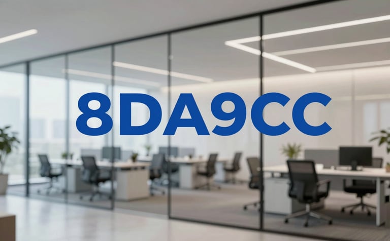 A high-end, minimalist corporate office interior with glass walls and sleek furniture. The lighting is bright and professional, incorporating the brand colors #8DA9C4 and #3A506B through subtle reflections and office decor. The atmosphere is sophisticated and visionary.