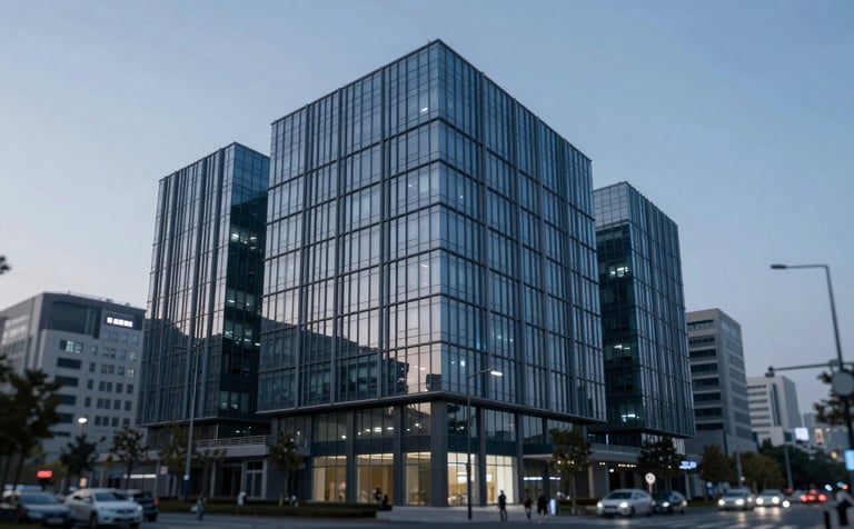A wide shot of a modern architectural masterpiece, a glass-fronted commercial building at twilight. The scene is bathed in deep blues (#0F1C2E) and cool greys (#8DA9C4), emphasizing refined professionalism and architectural precision.