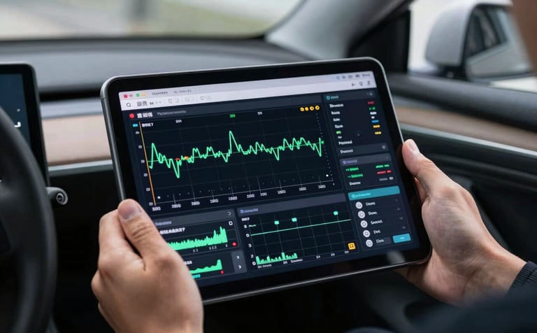 Close-up of a high-tech diagnostic tablet held by a professional in a clean, modern vehicle interior in Southern Europe. The screen displays complex data charts and vehicle health metrics in a professional, high-contrast interface. Precise, sharp lighting creates a sense of reliability.