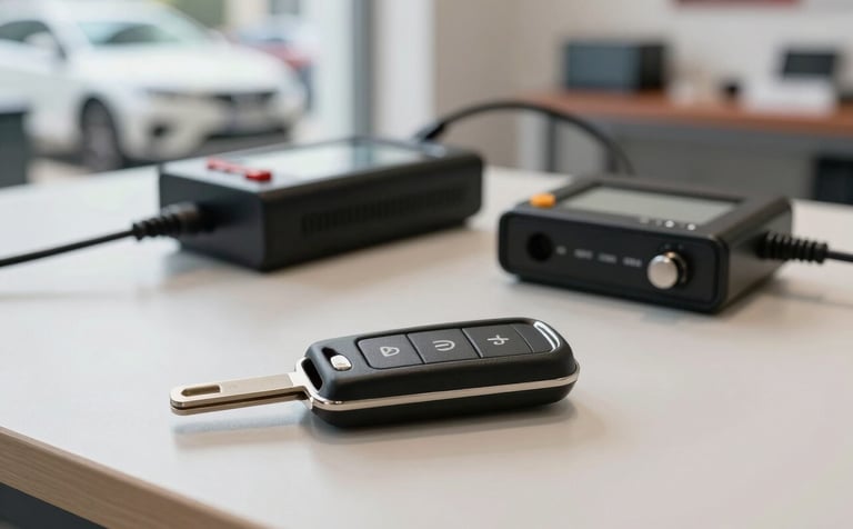 A detailed shot of a modern electronic car key and a professional programming device on a clean workbench. In the background, a blurred Italian automotive service center provides a context of expertise. Soft, natural light highlights the textures of the key and the precision equipment.