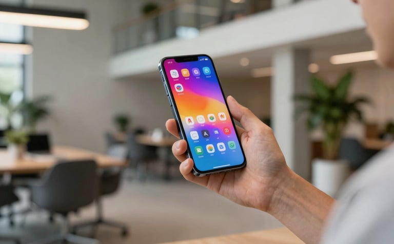 A professional in a stylish coworking space in Ukraine holding a high-end smartphone with a vibrant app screen, soft focus on a background of contemporary architecture and plants.