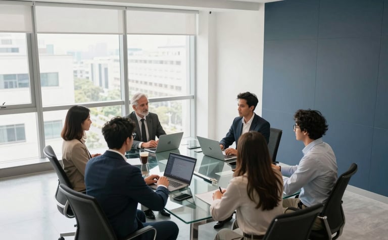 A high-angle, wide-angle photography shot of a bright, modern corporate office in a South Asian tech hub. Professional consultants are engaged in a meeting around a glass table. The lighting is clean and natural, emphasizing a premium and efficient business atmosphere with subtle dark blue and off-white accents in the interior design.