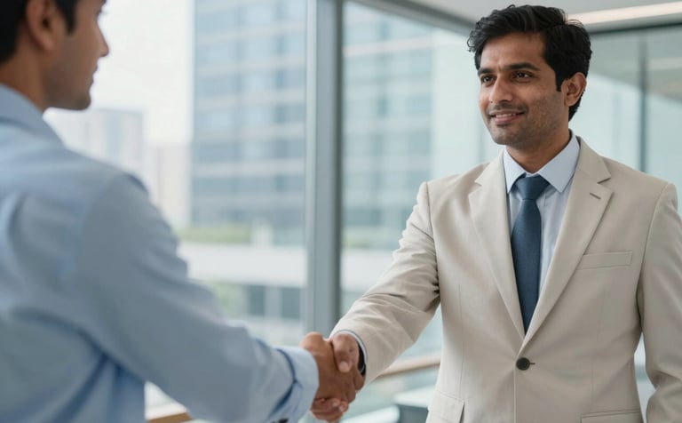 Close-up photography of a professional South Asian consultant in business attire, shaking hands with a client in a modern, glass-walled office environment. The background shows a blurry cityscape. The composition is clean, using a light blue and off-white color palette to convey trust and global reach.