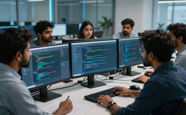 Photography of a collaborative software development team in a high-tech South Asian workspace. They are looking at large monitors showing code. The scene uses cool lighting with medium blue and light blue highlights, reflecting a futuristic and professional IT consulting environment.