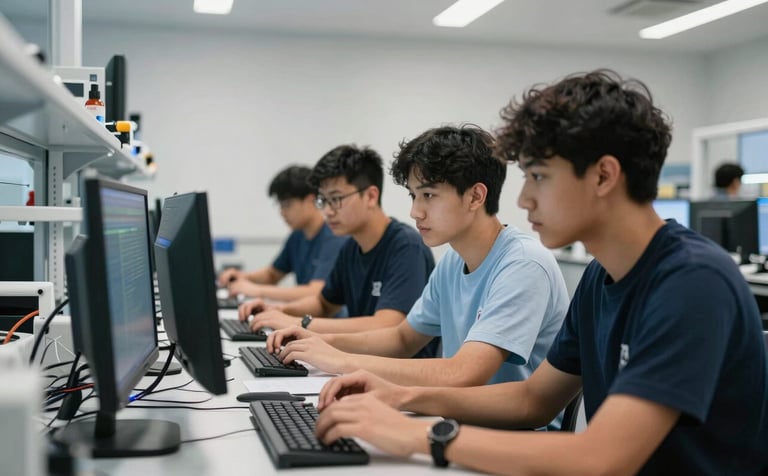 A group of North American / US students in a high-tech lab collaborating on a computer science project. The setting is modern and professional, with a focus on teamwork and technology-driven learning environments.