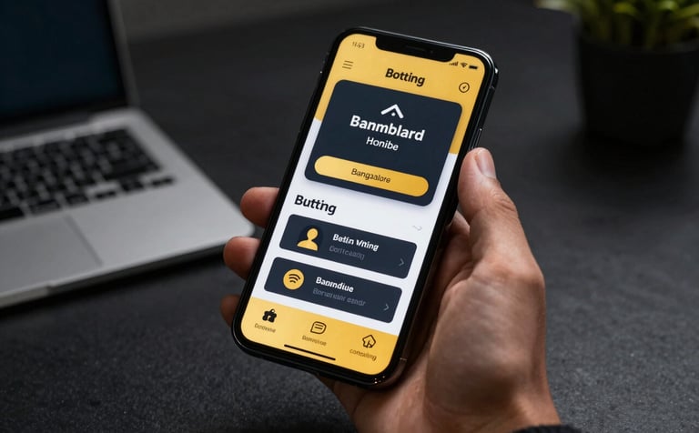 Sophisticated close-up of a premium smartphone held by a person in a sleek, dark office in Bangalore, showing a professional betting app interface with vibrant gold accents.