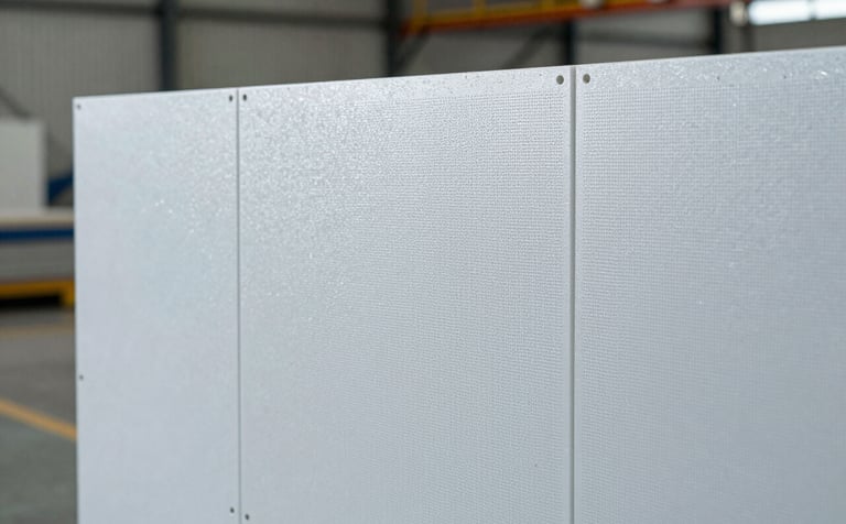 A close-up, high-detail photograph of durable polyurethane screen panels in a professional industrial warehouse. The panels show a clear modular structure with fine apertures. The lighting is clean and sharp, highlighting the wear-resistant texture. The color palette emphasizes #E5EAE9 and #5B7B7C through the industrial surroundings.