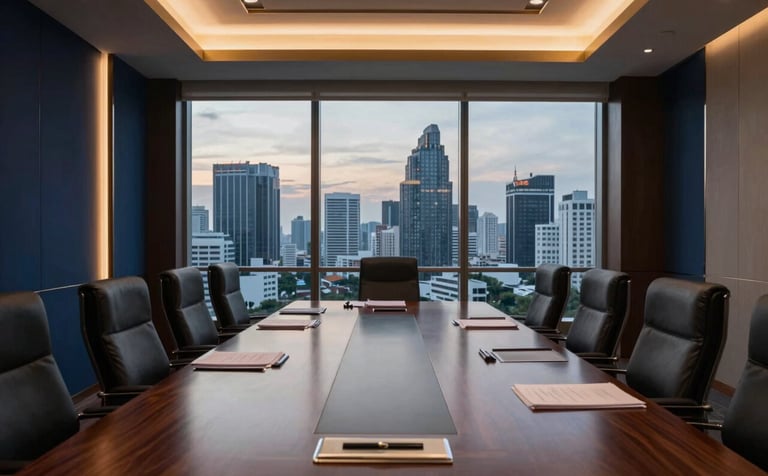 A sophisticated high-rise boardroom in Bangkok overlooking the metropolitan skyline at dusk. The interior features polished dark wood, deep navy accents, and gold trim. Soft ambient lighting highlights the refined atmosphere. Asia Pacific / Thai context.