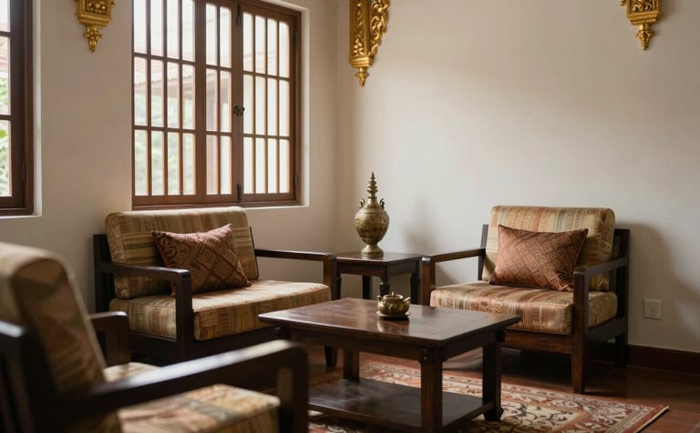 A serene and private consultation room in Thailand with traditional silk textures and modern furniture. Warm off-white walls and gold architectural accents create an exclusive atmosphere. Soft natural light filters through vertical louvers. Asia Pacific / Thai.