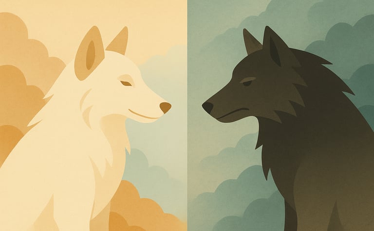 Ilustración de los dos lobos que habitan en nosotros: oscuro y luminoso, símbolos de nuestra emocion