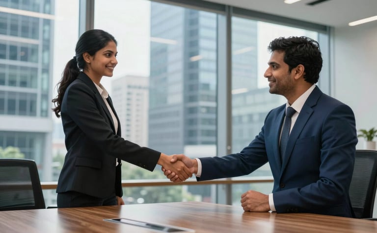 A professional wide-angle shot of a contemporary corporate office in a metropolitan Indian city. Two South Asian business professionals in smart attire are shaking hands across a polished wood desk. The atmosphere is clean and sophisticated with steel blue and light grey brand colors.