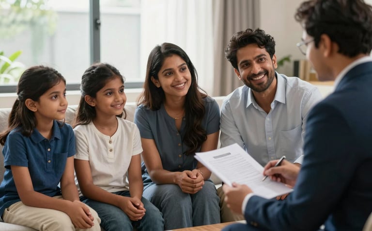 A high-resolution photo of a smiling South Asian family sitting in a sunlit, modern living room in Maharashtra, India. They are reviewing documents with a professional advisor in business attire. The lighting is soft and natural, conveying security and trust. The scene features subtle accents of deep blue and pale off-white.