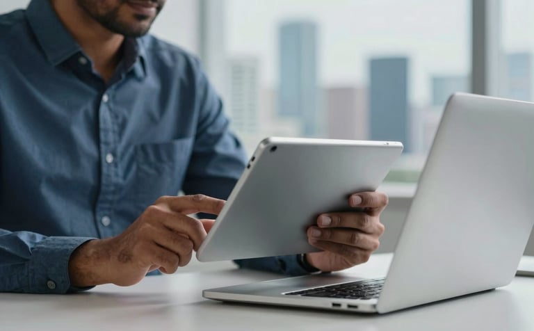 A close-up of a South Asian professional using a tablet and laptop in a high-tech, modern office environment. In the background, a blurred urban skyline suggests a major Indian business hub. The setting is efficient and modern, using steel blue and light grey tones.